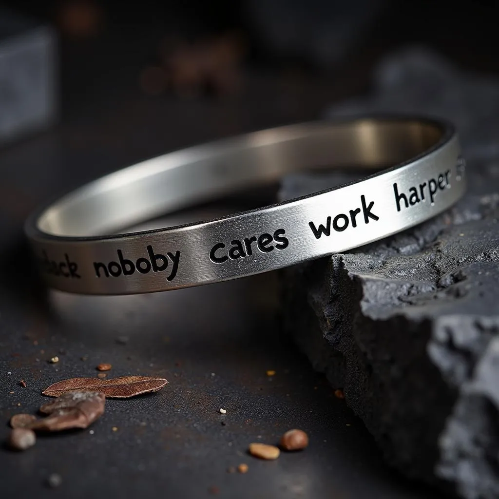 Close-up of a "nobody cares work harder" bracelet