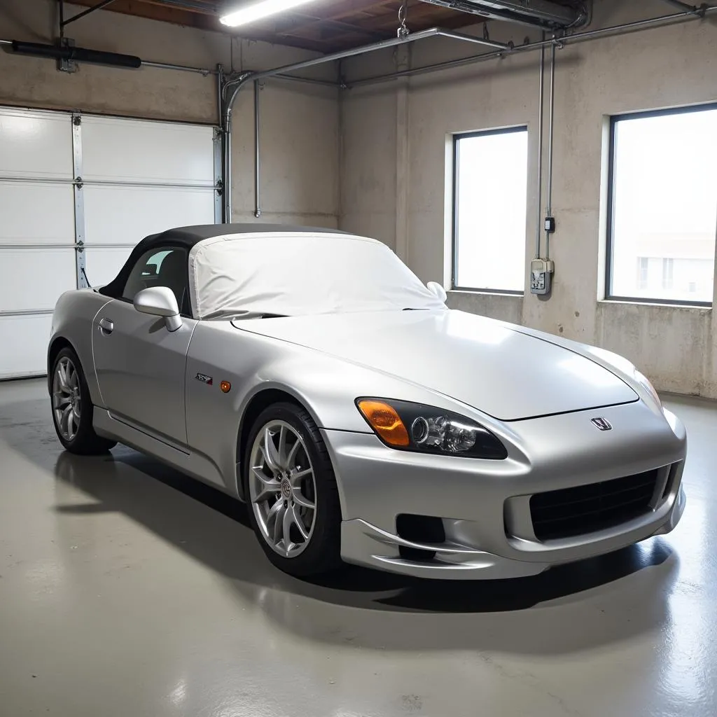 OEM S2000 car cover protecting a car in a garage