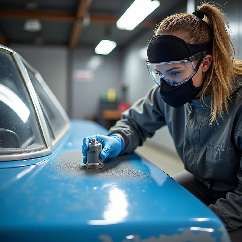 A person painting a derby car