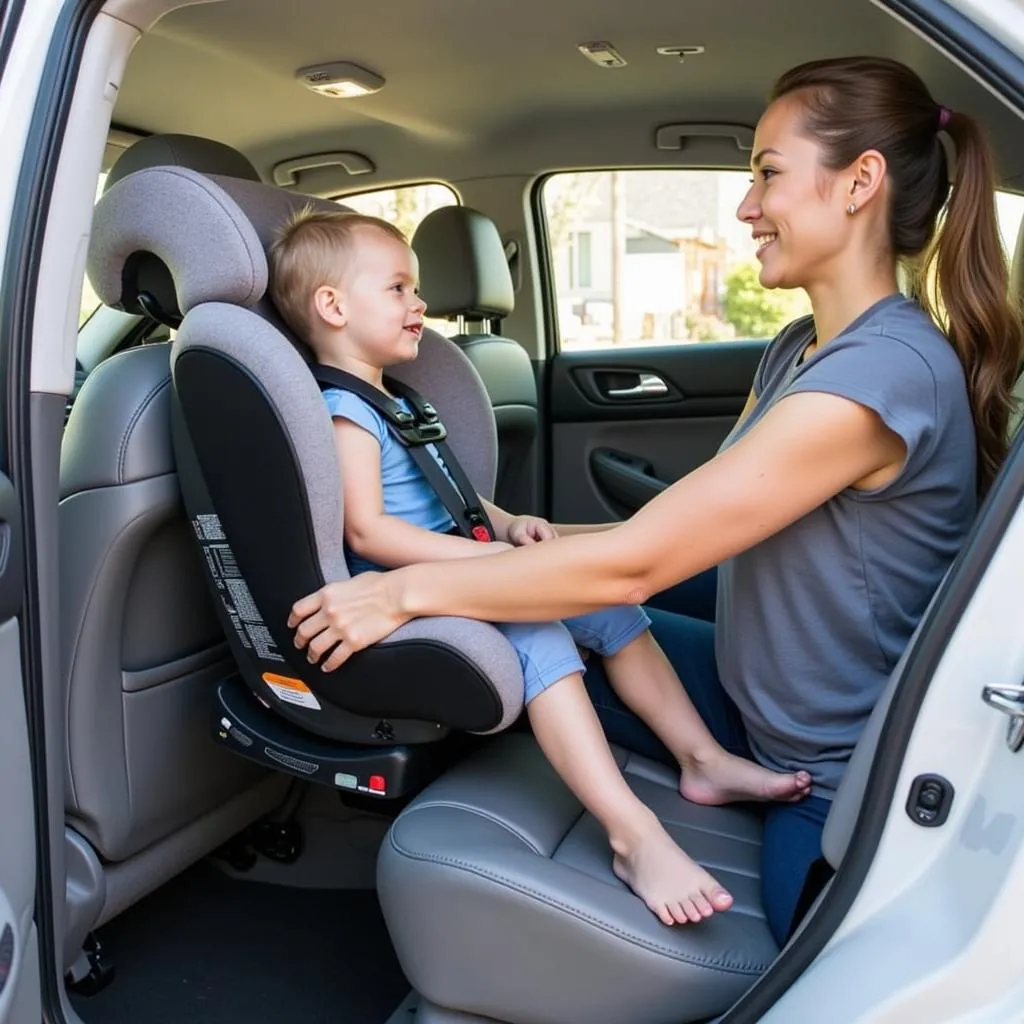 Parent Securing Child in Rotating Car Seat