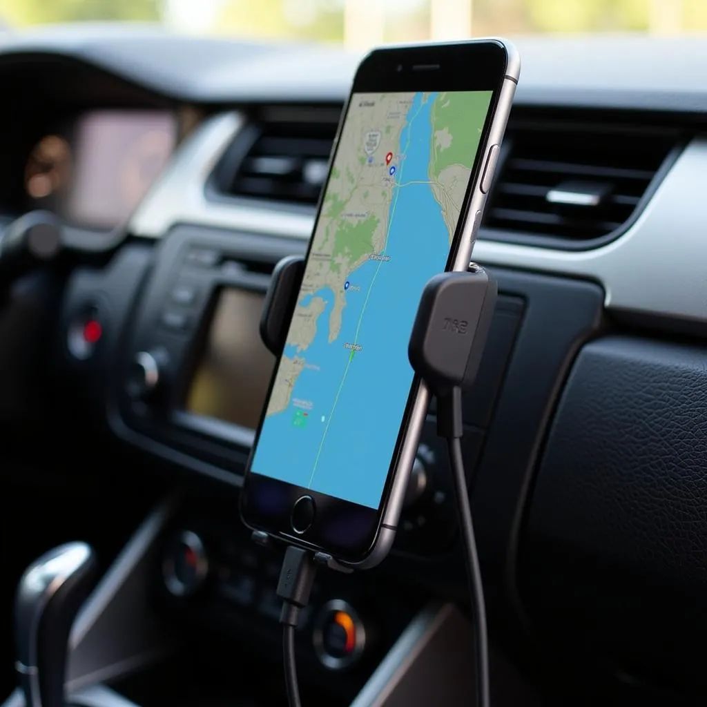 Smartphone connected to a car charger while navigating.