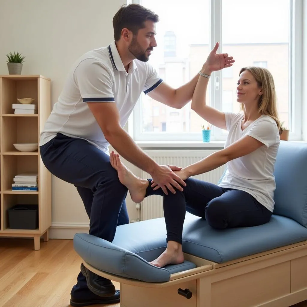 Physical therapist guiding hip exercises