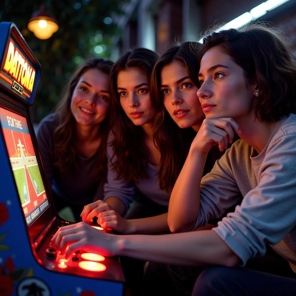 Friends playing Daytona USA arcade machine car game