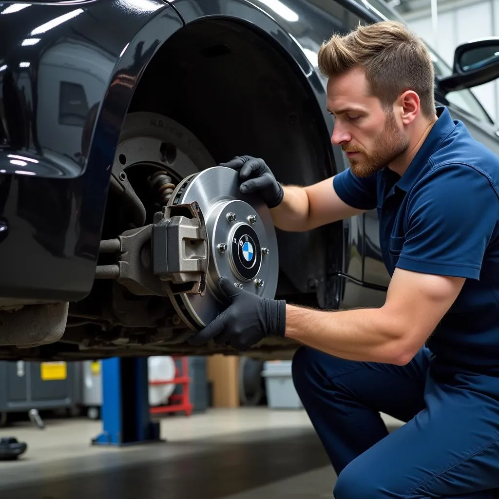 Professional BMW Mechanic Performing a Brake Pad Replacement