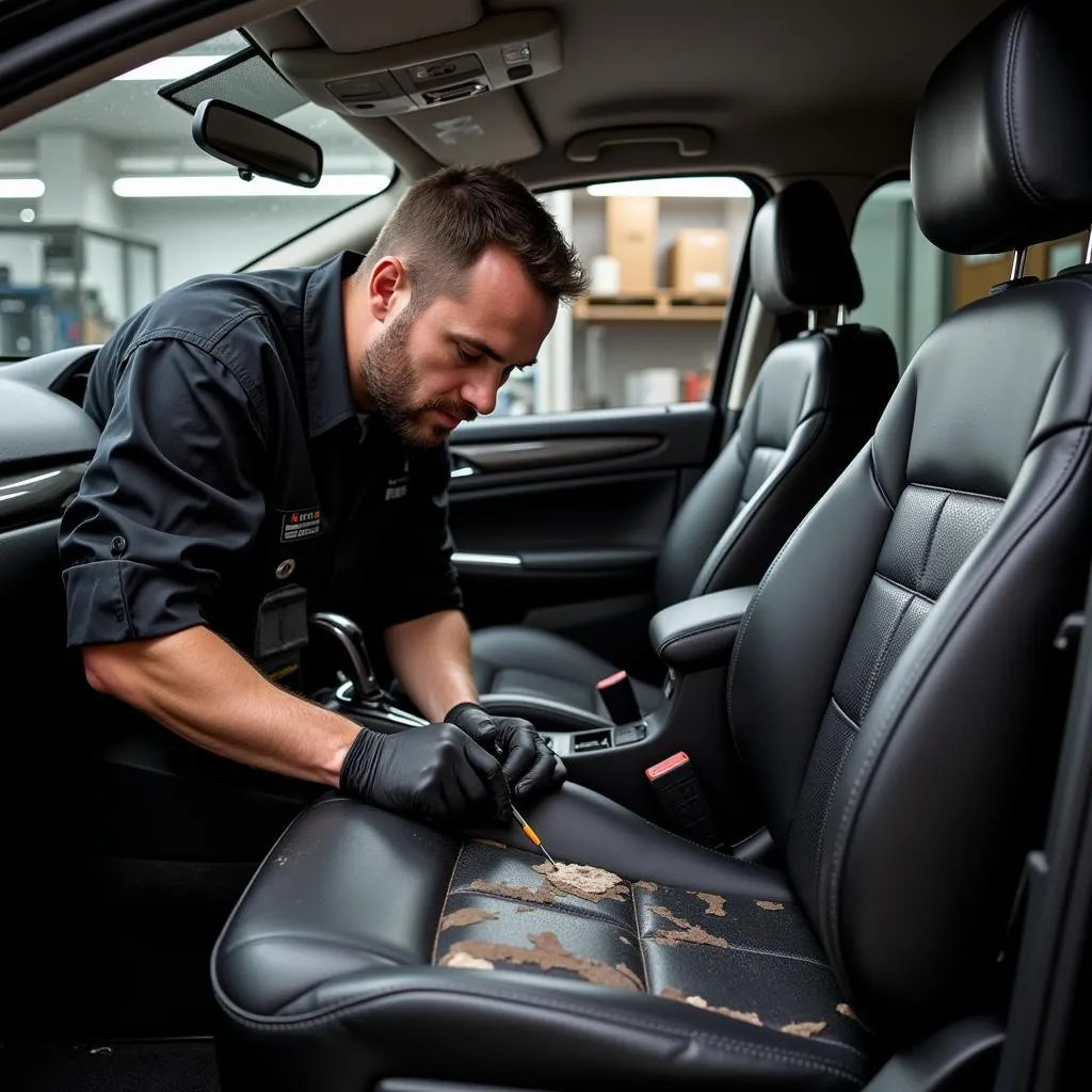 Leather car seat repair in progress at a professional shop