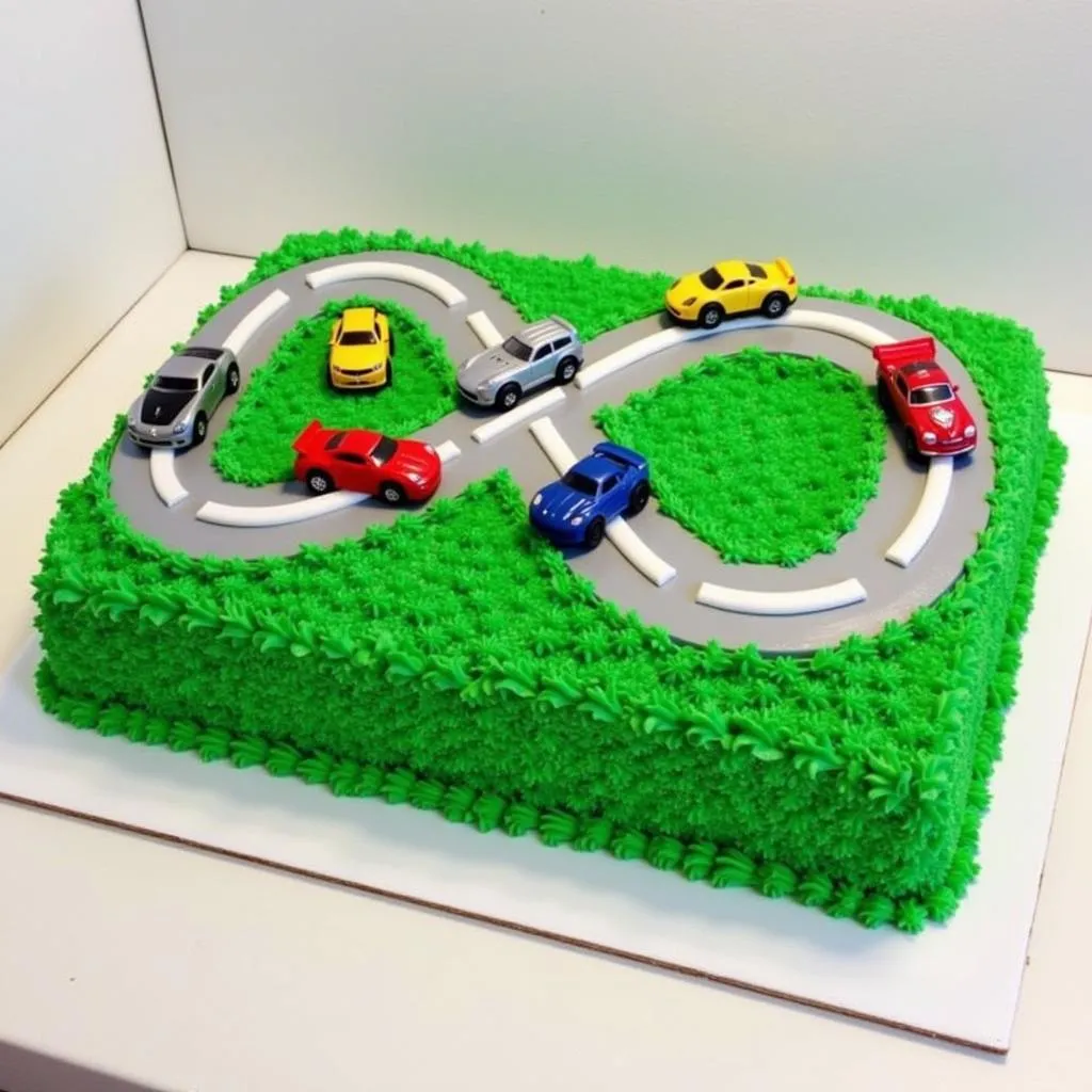 Race track cake with toy cars on top