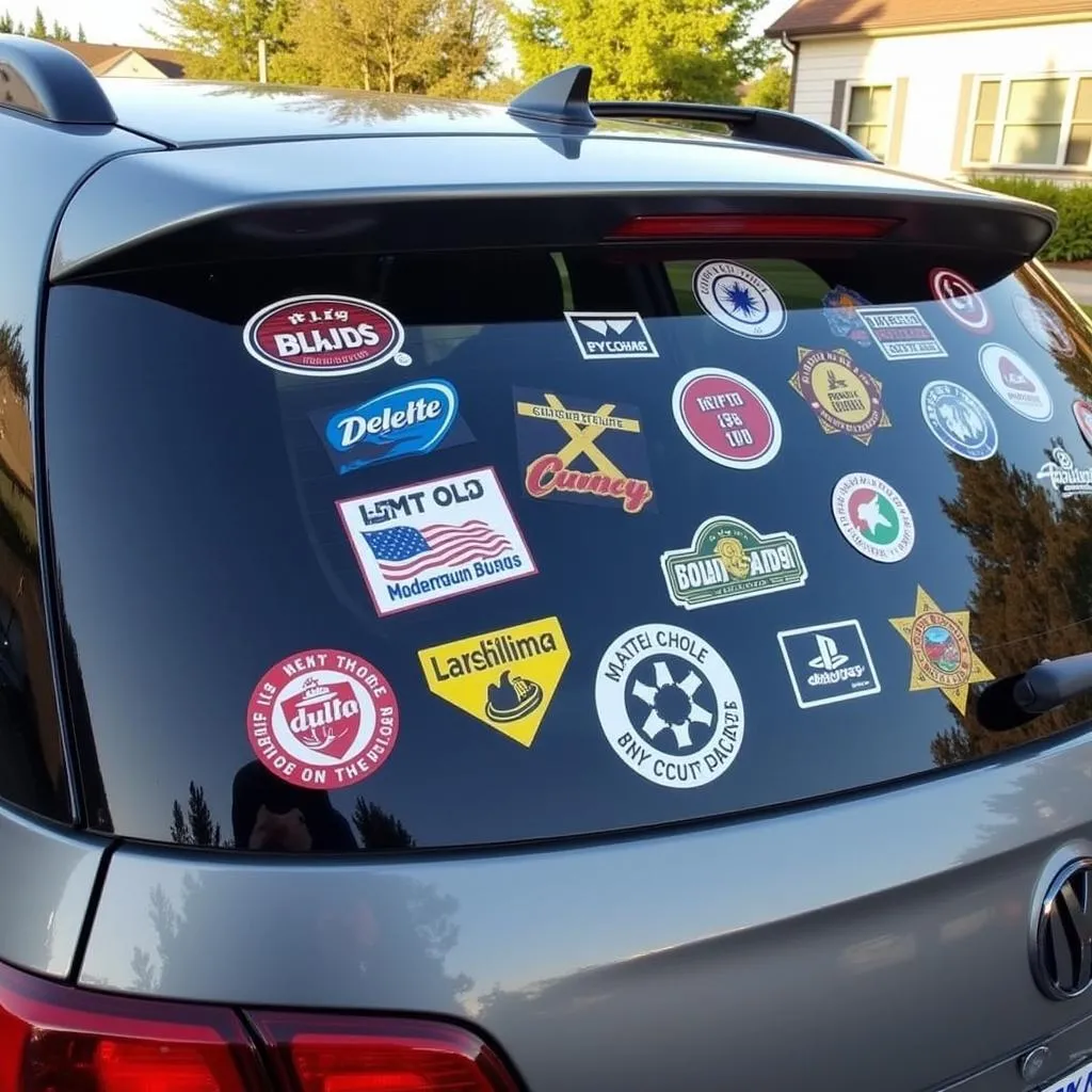 Car rear window with various stickers