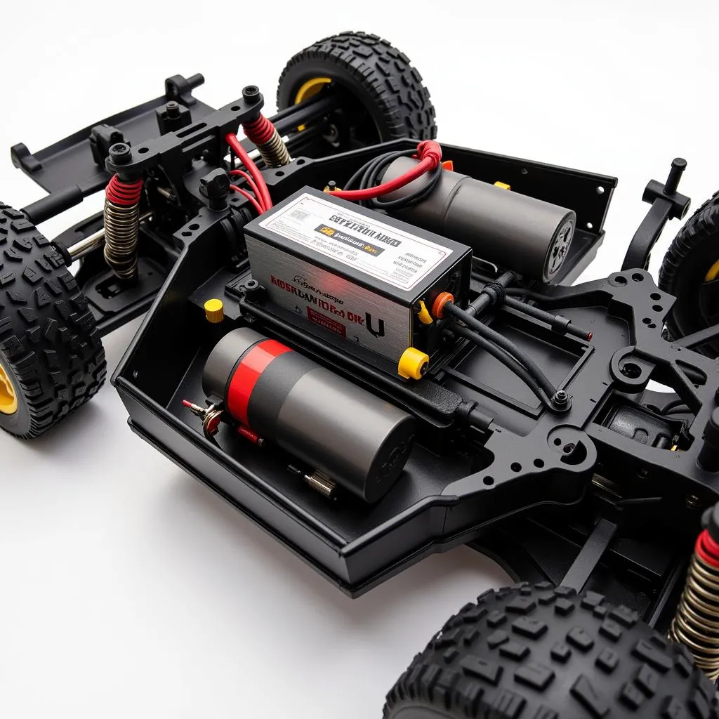 Close-Up of a Remote Control Car's Battery and Motor