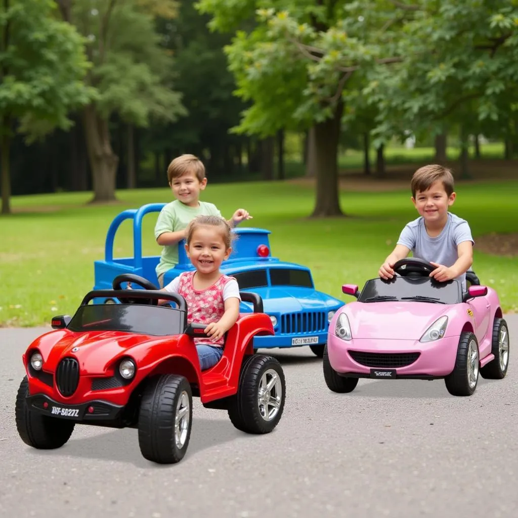 Children playing with remote controlled ride on car