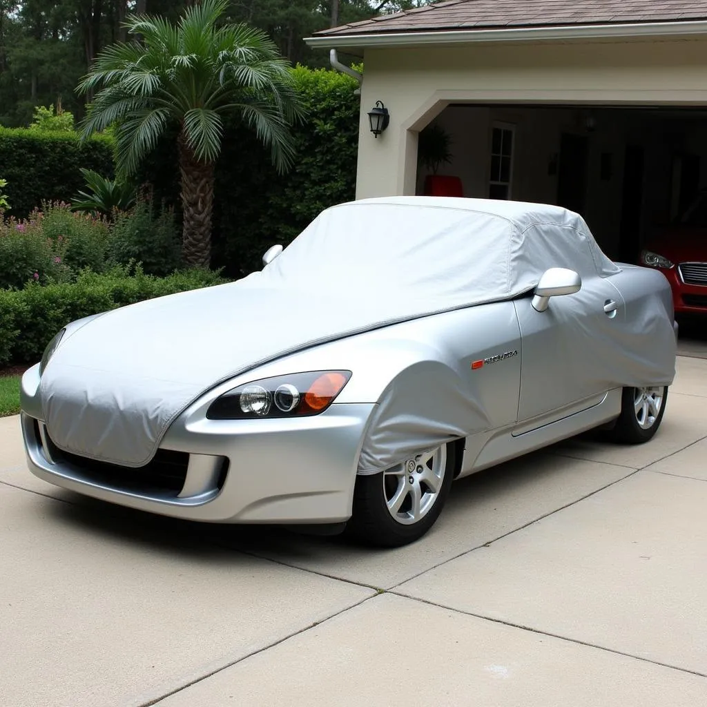 Silver S2000 covered with OEM car cover parked outdoors