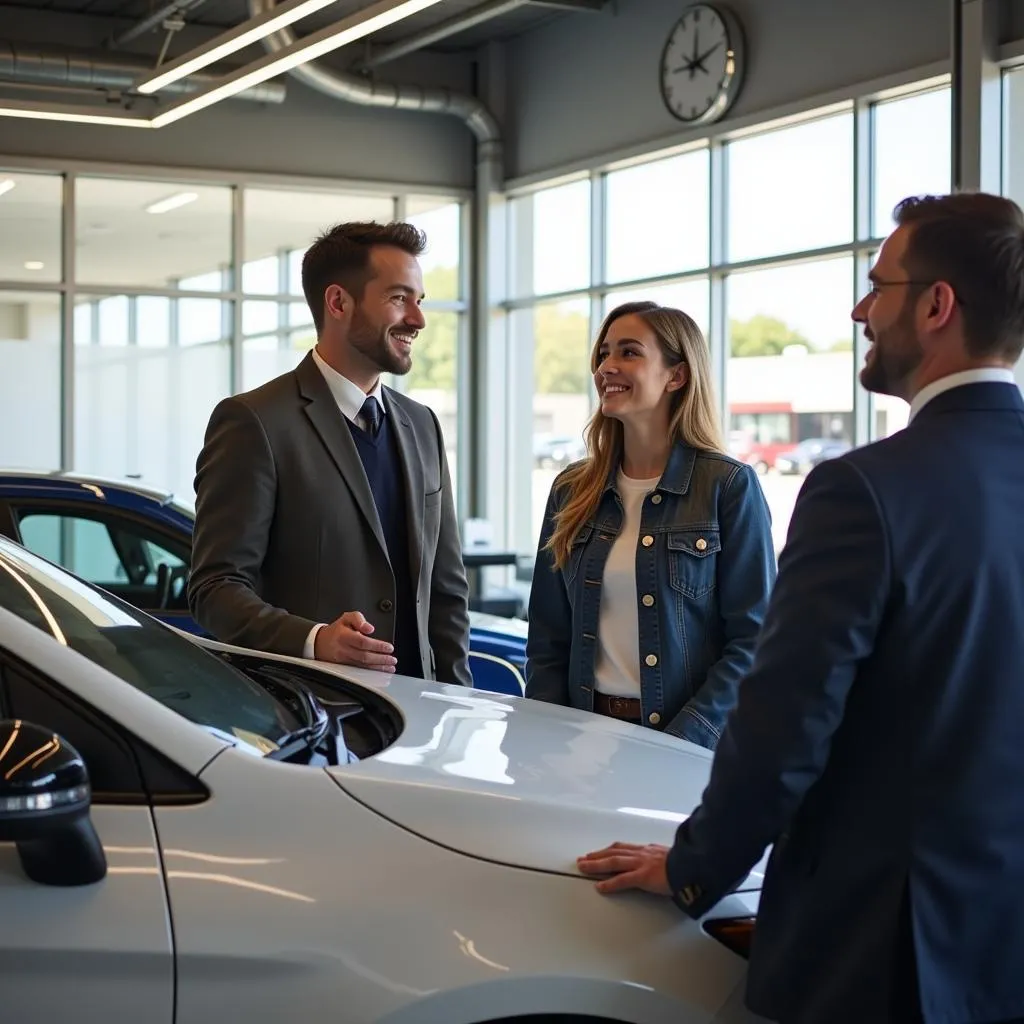 Salesperson assisting a couple in choosing a car at an OKC car gallery