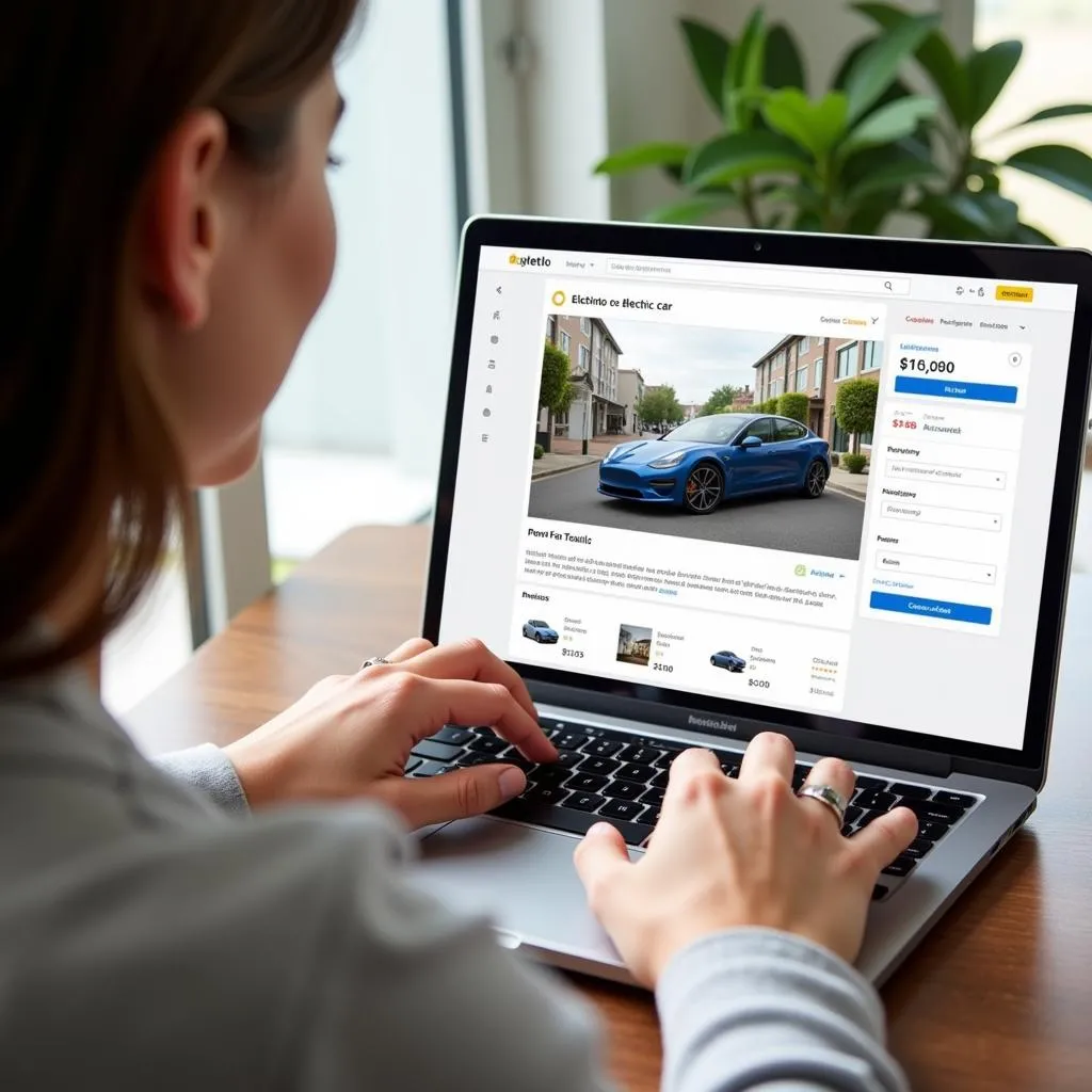 Person using a laptop to list their electric car for sale on an online platform