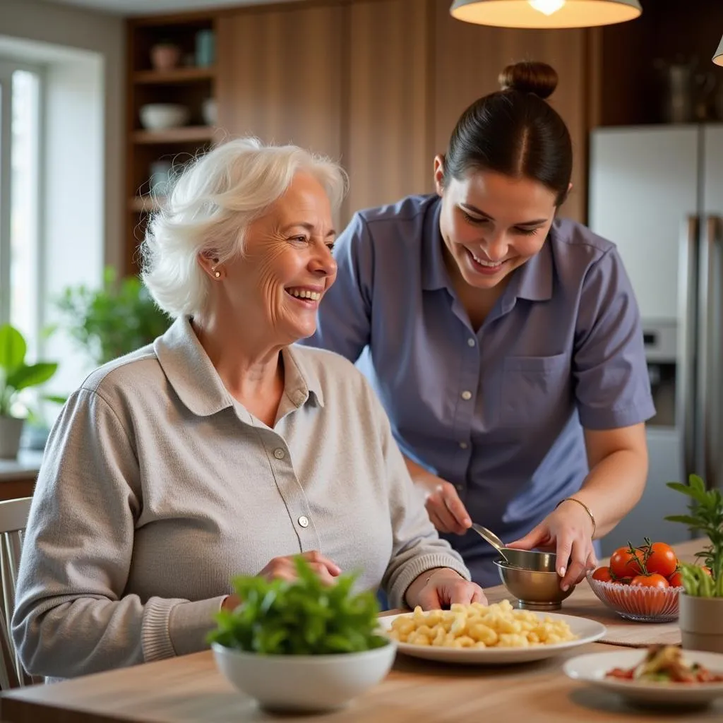 Senior woman smiling while caregiver prepares meal