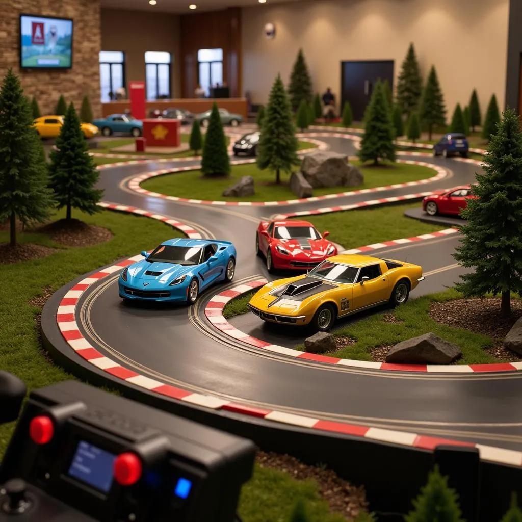 A slot car track set up with Corvette slot cars.