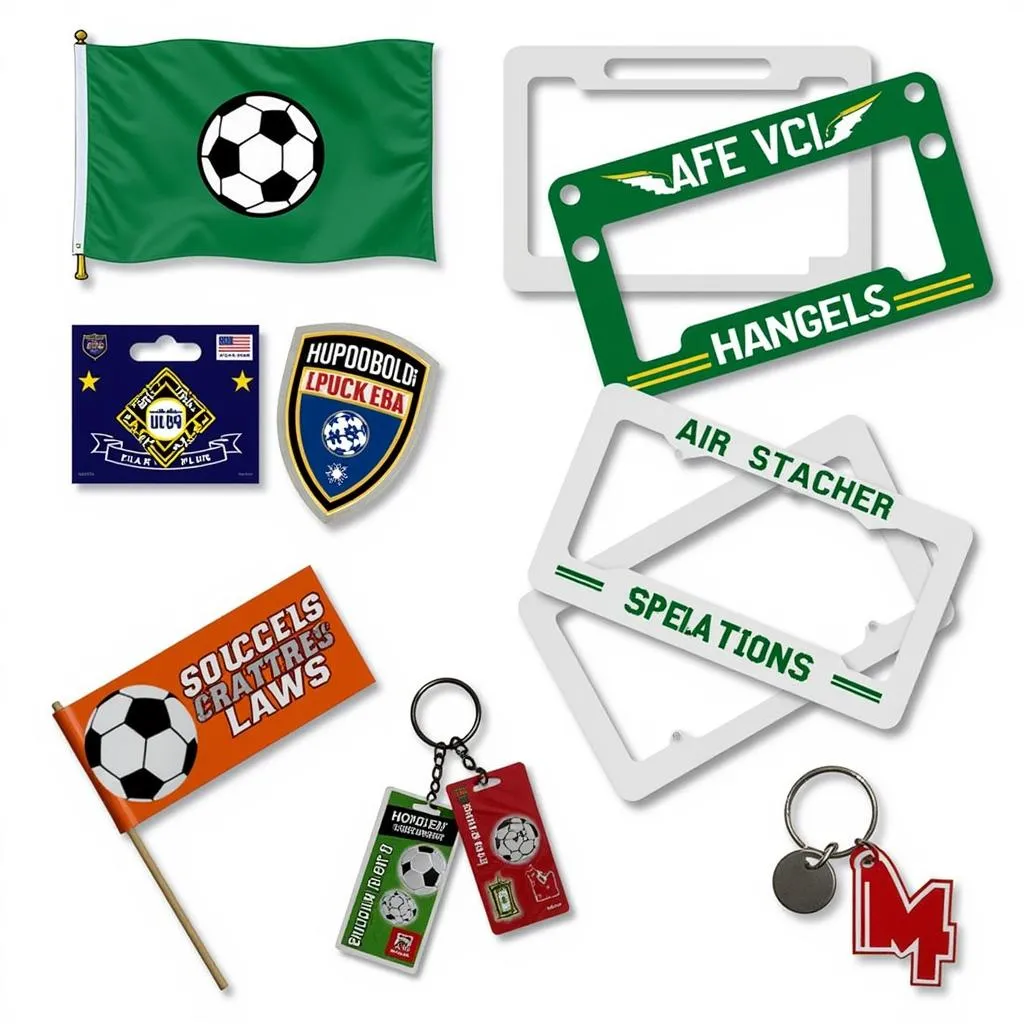 Various car accessories for soccer fans like flags, frames, and keychains 