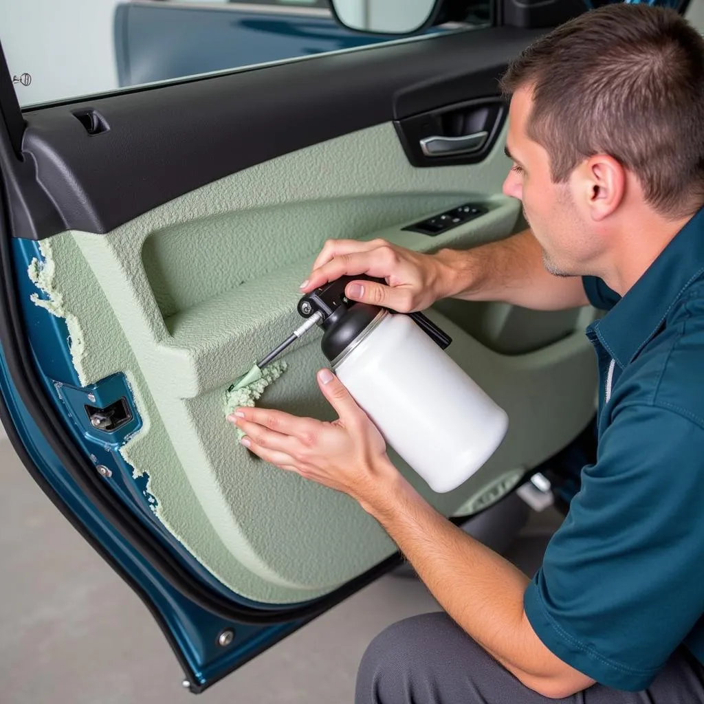 Applying Spray Foam Insulation on Car Door Panel