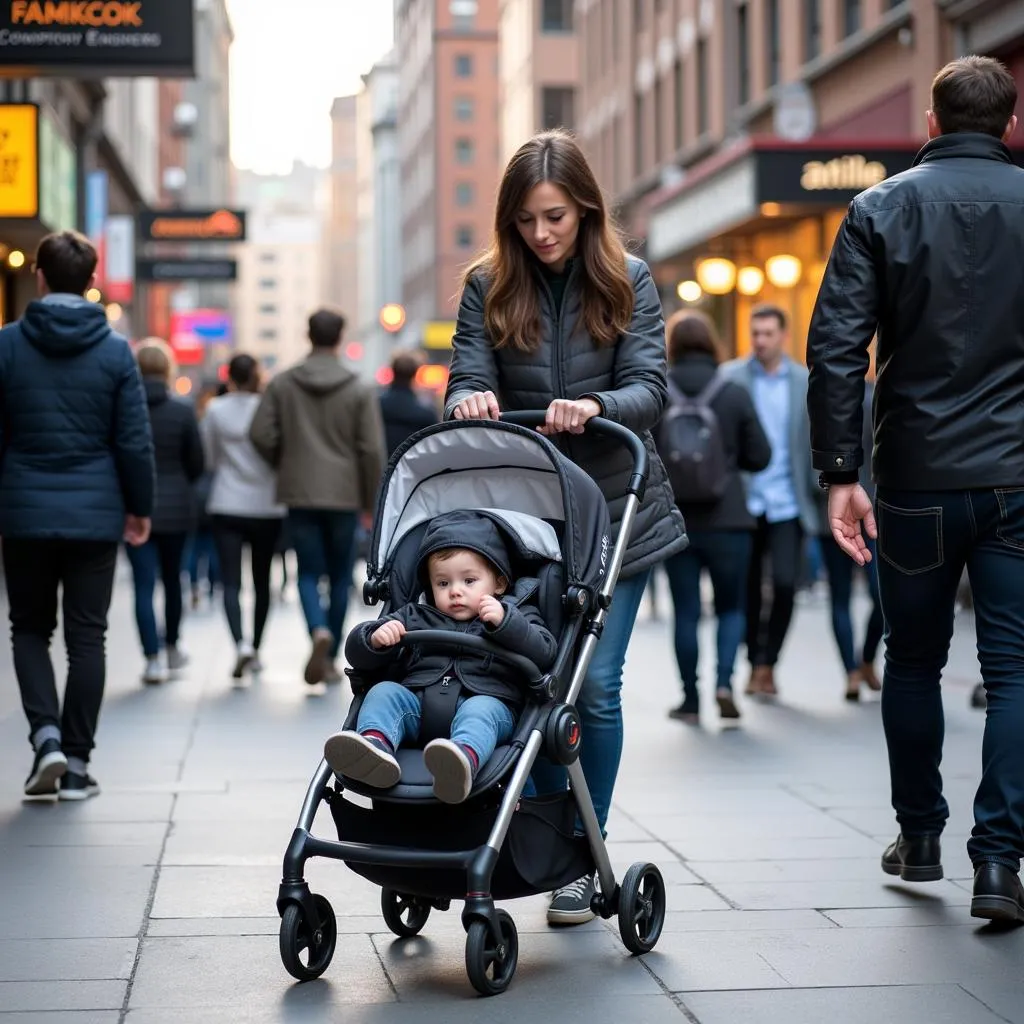 A stroller being pushed on a city sidewalk