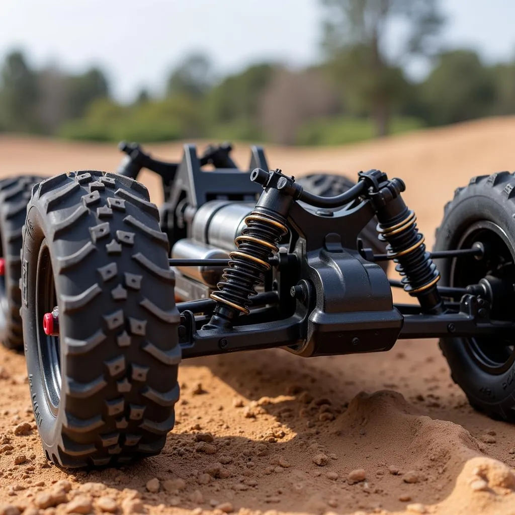 Close-up of stunt RC car features