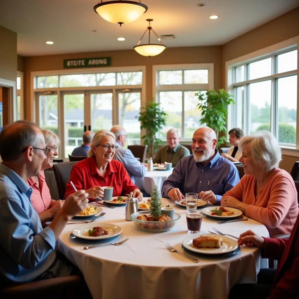 Residents enjoying a meal together in the dining area