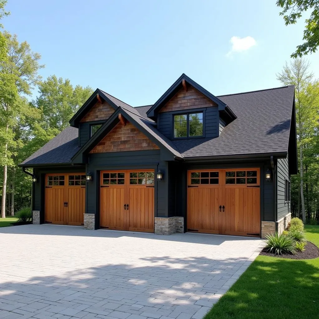 Three-Car Carriage House Design: Modern Exterior with Rustic Wood Accents