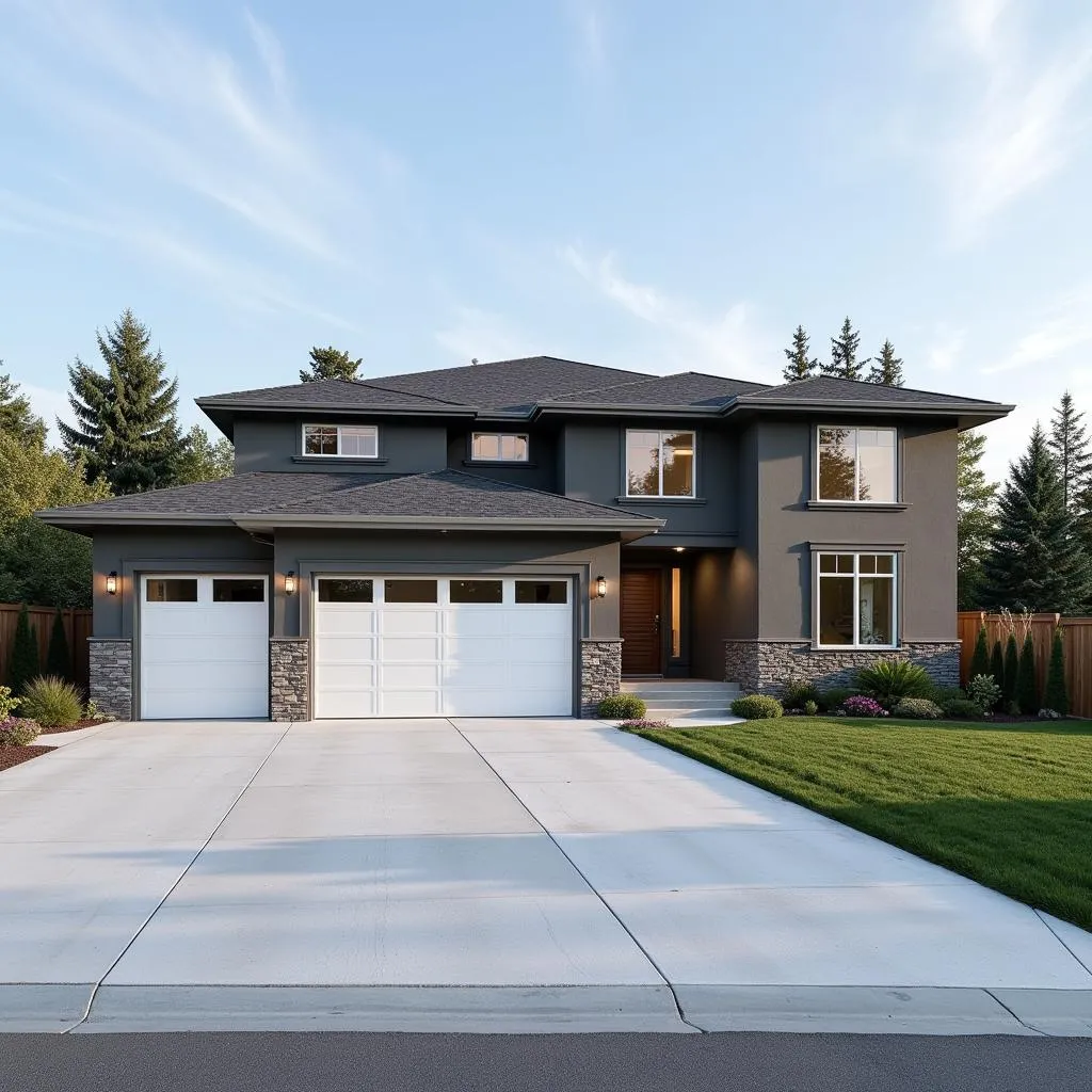 Modern three-car garage home design with sleek exterior and spacious driveway