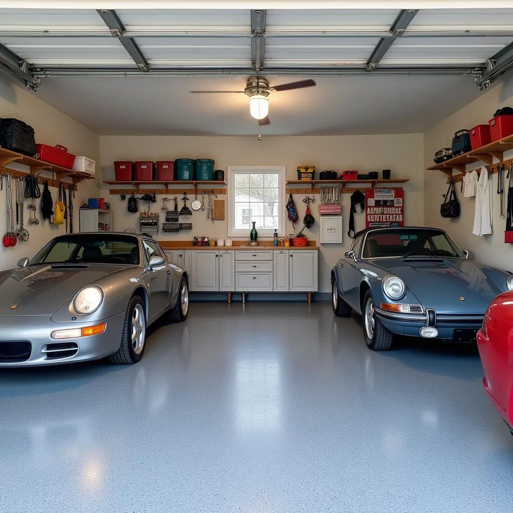 Spacious three-car garage interior with designated workshop area and ample storage