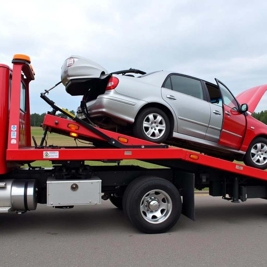 Tow truck assisting a broken down car