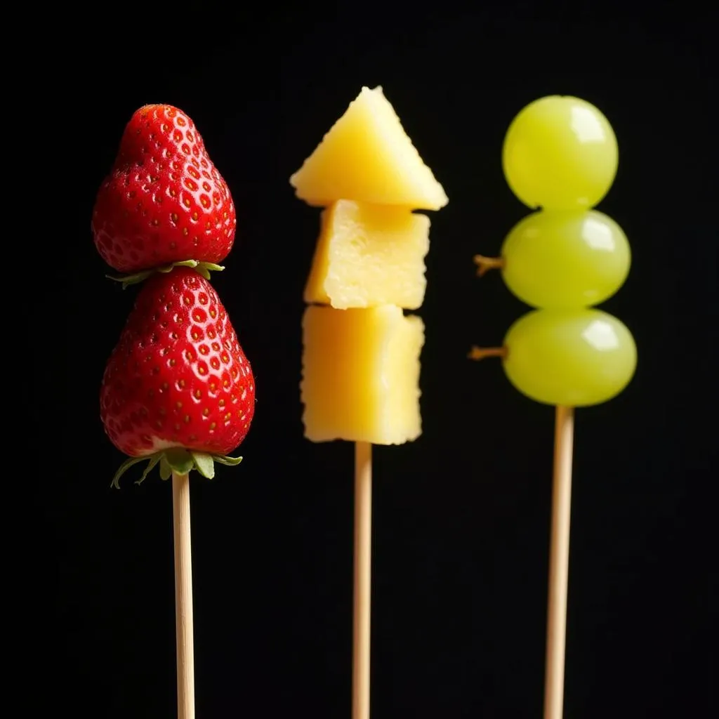 Fruit skewers arranged as traffic lights