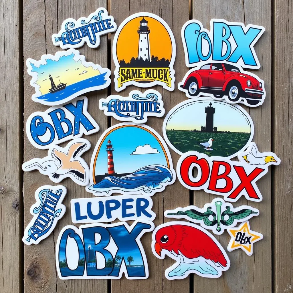 Assortment of OBX car stickers displayed on a table