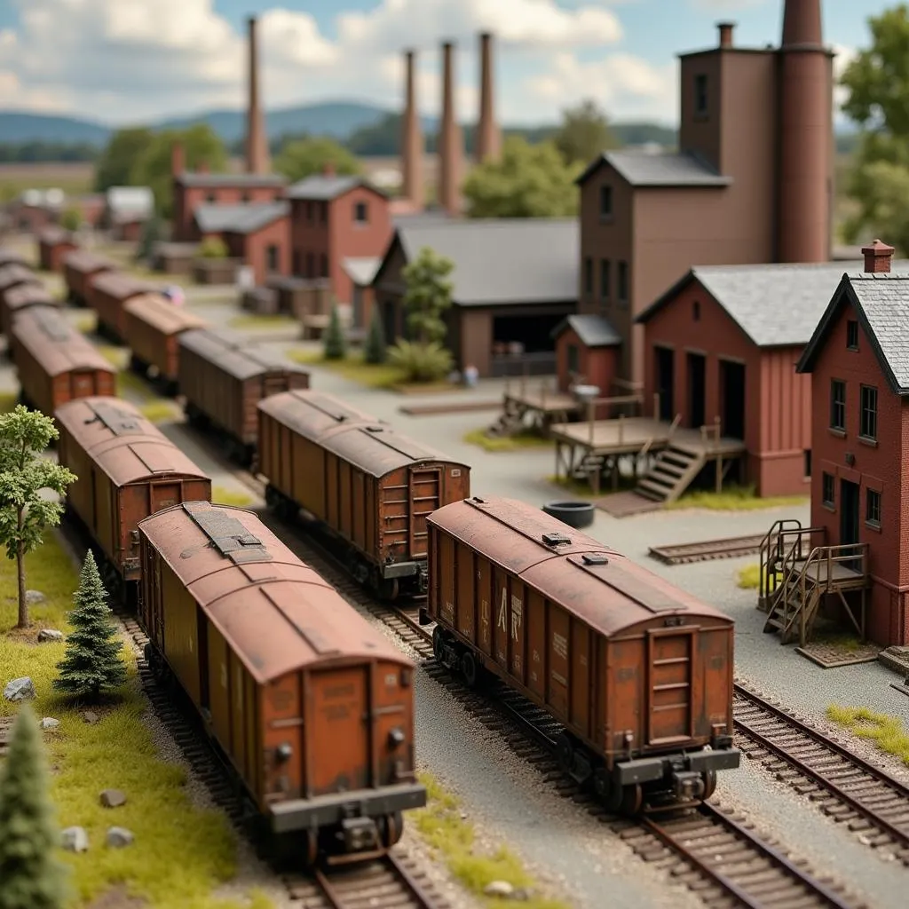 Weathered freight cars in an industrial model railroad setting