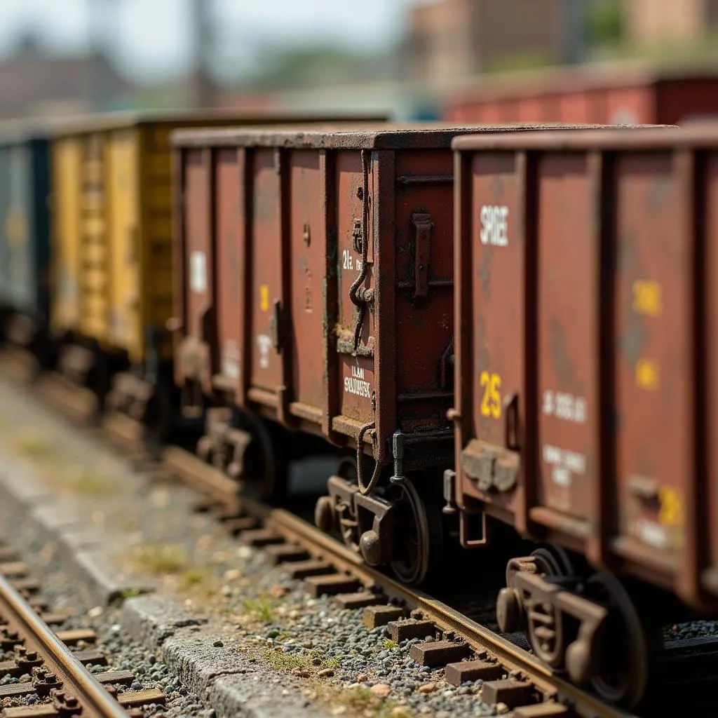 Weathered N scale freight cars on tracks