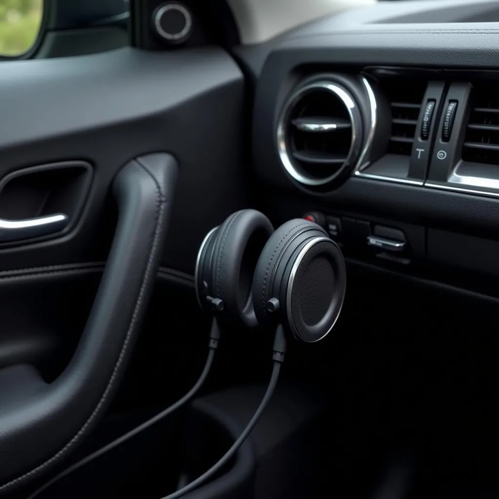 Wired car headphones plugged into a car's audio system