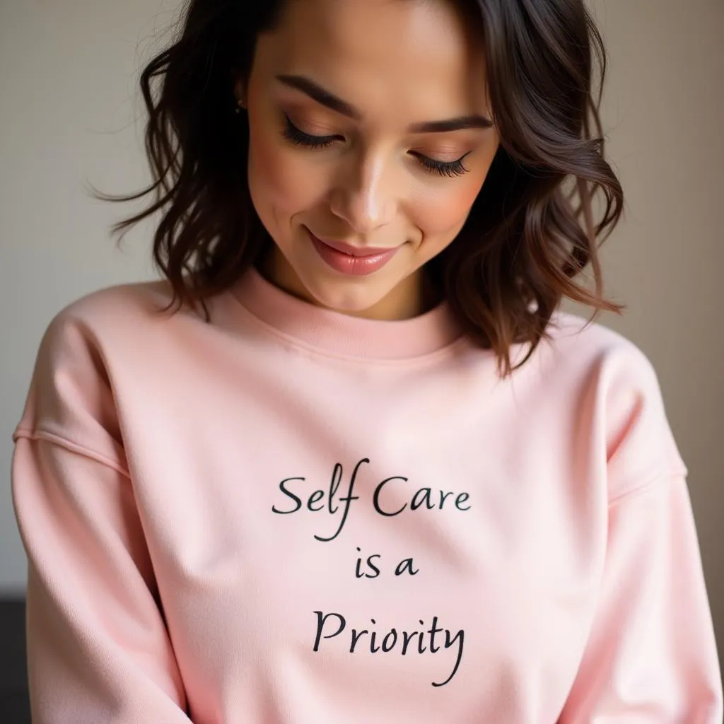 Woman wearing a cozy self care club sweatshirt