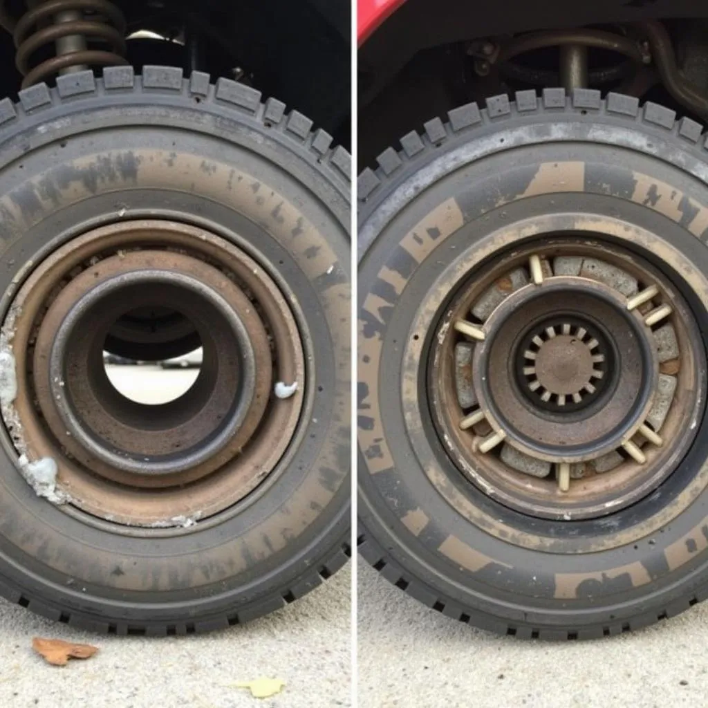 Worn wheel bearing next to a new one