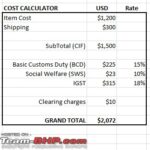 Screenshot of a rough customs duty calculation example