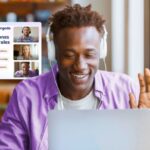 Man in front of his laptop taking an online class about Spanish adverbs