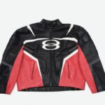 A photograph of a red and black racing jacket with the Balenciaga Unity logo on it.