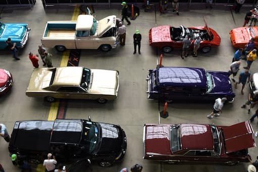 Classic car auction showcasing a restored muscle car, emphasizing the value of restoration.