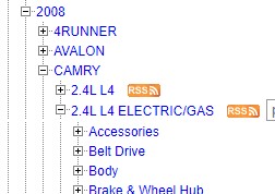 Selecting vehicle year, make, and model on RockAuto to initiate car part search.