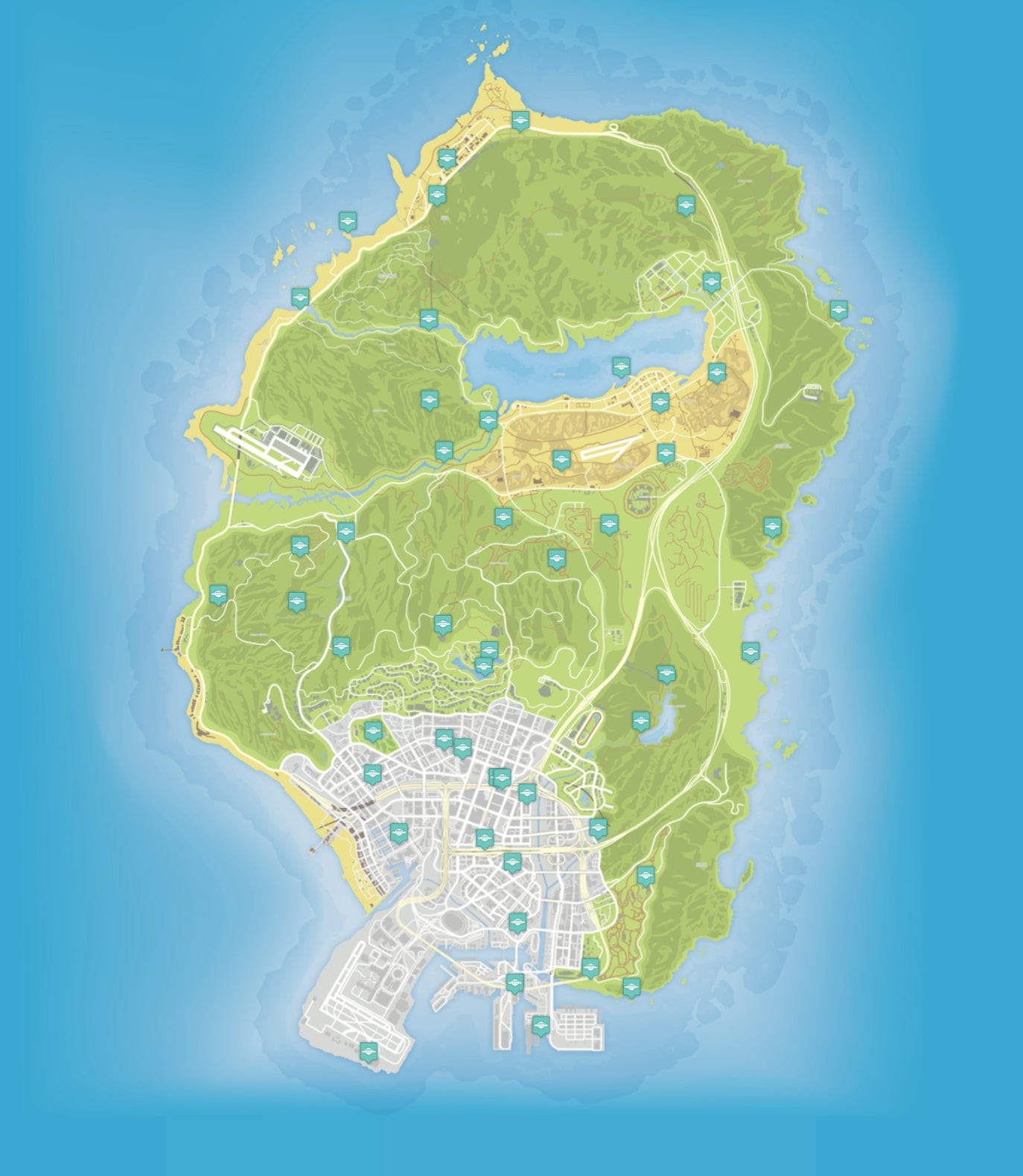 GTA 5 map pinpointing all spaceship part locations across Los Santos and Blaine County