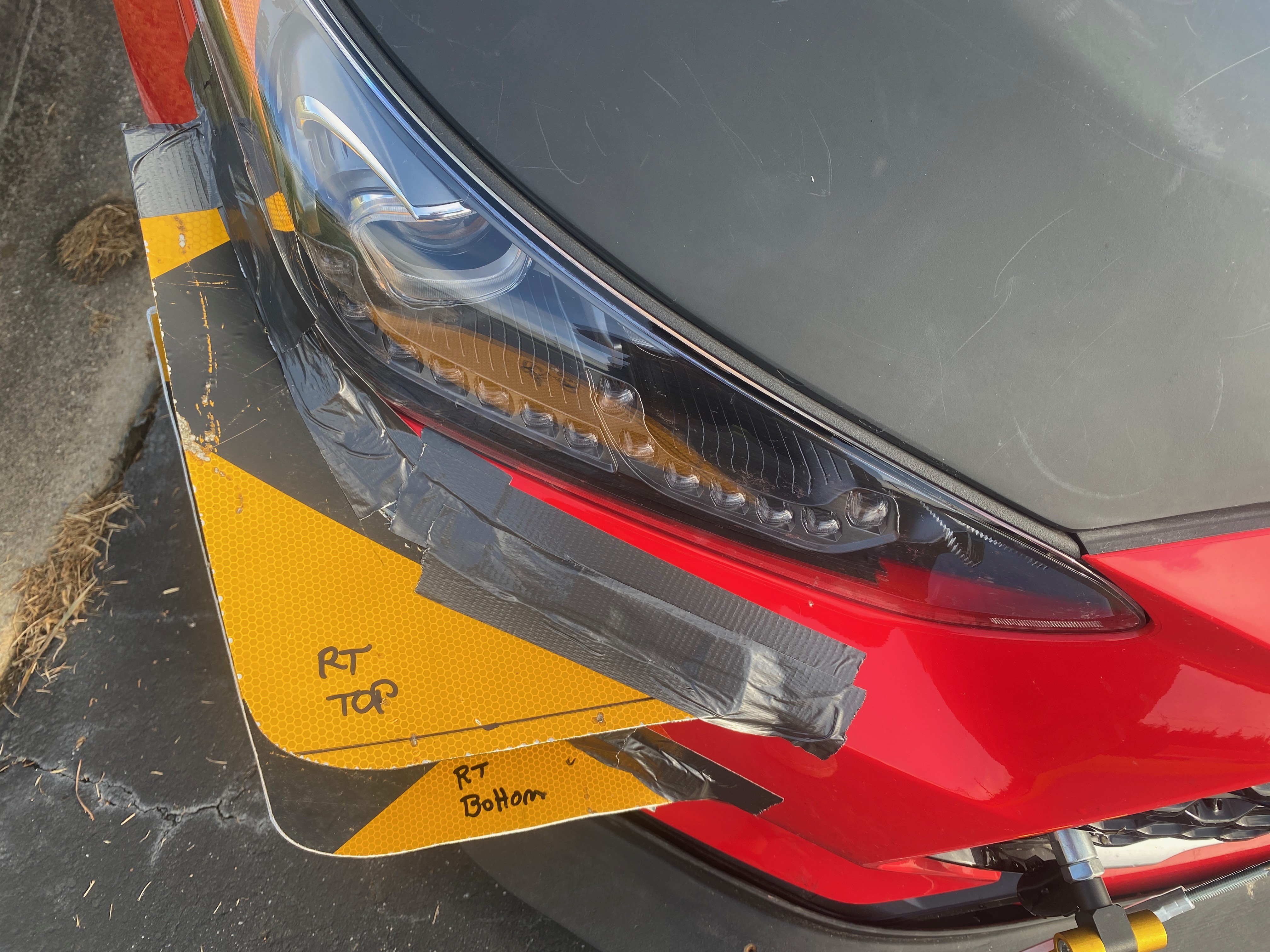 Canard car parts temporarily duct-taped for wind tunnel testing to allow for quick adjustments and data collection.