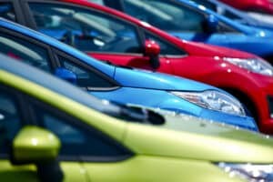 Cars of different colors lined up