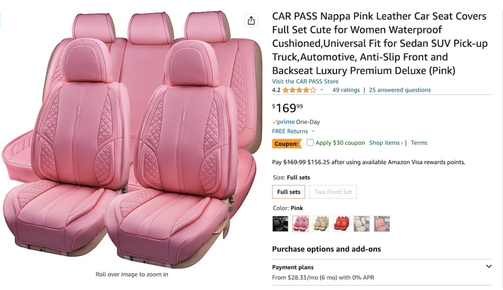 Pink car seat covers to protect car interior and add barbie style