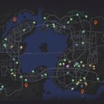 Map of Bony car parts locations in Saints Row. Orange pins indicate lost wheels for unlocking the Heavyweight vehicle.