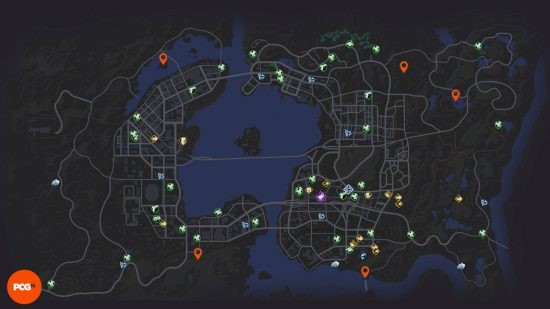 Map of Bony car parts locations in Saints Row. Orange pins indicate lost wheels for unlocking the Heavyweight vehicle.